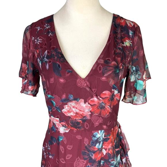 Vone Mireya Burgundy Maroon Chiffon Floral V-neck Ruffle Asymmetrical Midi Dress - Picture 7 of 16